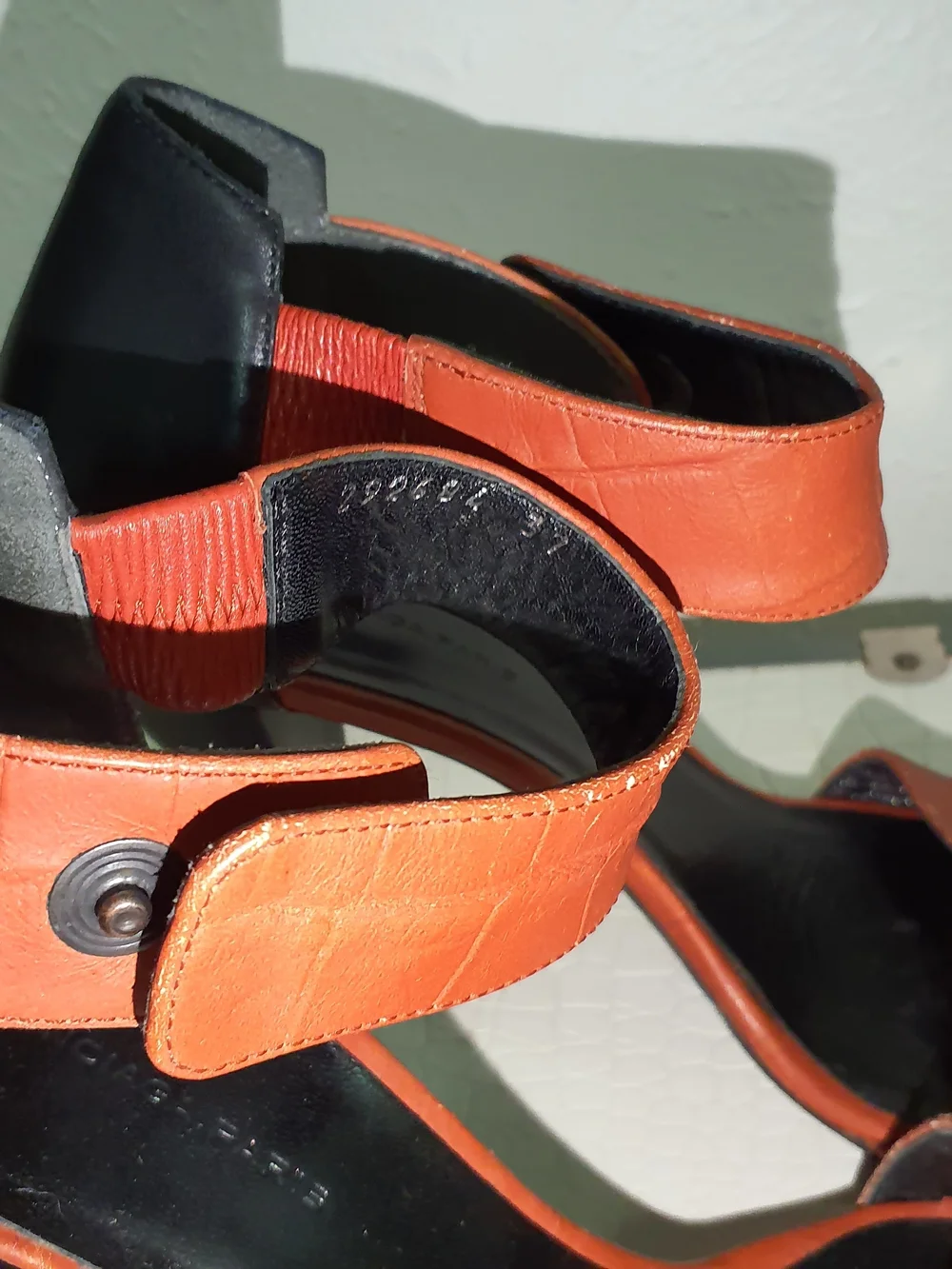 Balenciaga Orange and Black Block Heel Sandals with Blue Accent